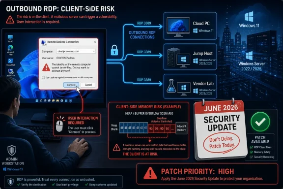 Diagram shows outbound RDP client-side risk with a “Connect” prompt, Windows servers, and June 2026 security update.