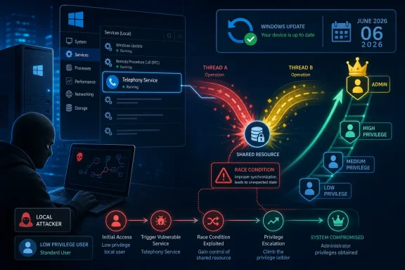 Hacker viewpoint shows Windows update status and a privilege-escalation race condition timeline.
