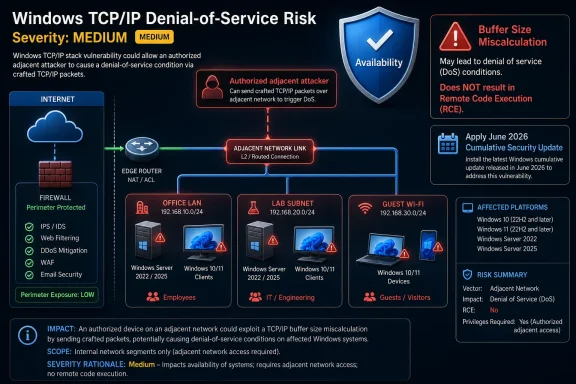 Infographic warning about Windows TCP/IP denial-of-service risk from buffer size miscalculation in adjacent networks.