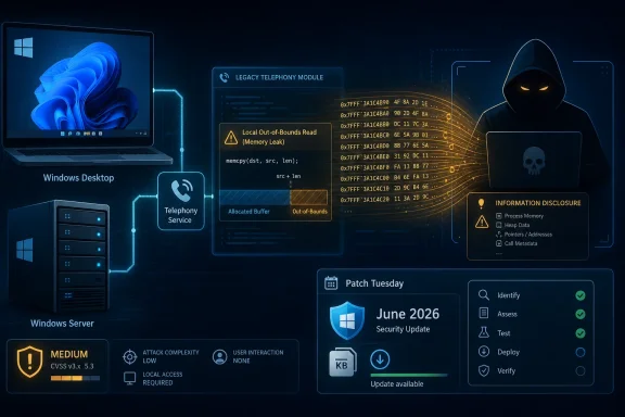 Cybersecurity graphic shows a “Legacy Telephony Module” memory leak warning linked to Patch Tuesday updates.