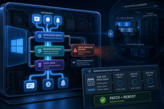 Secure IT notification system diagram with patch queue and warnings inside a server rack.