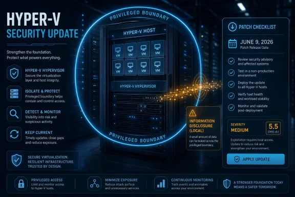 Tech-themed graphic for a “Hyper-V Security Update,” featuring a privileged boundary, patch checklist, and apply button.