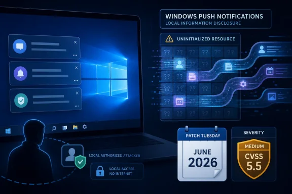 Futuristic cybersecurity dashboard showing Windows push notifications, CVSS 5.5, and Patch Tuesday June 2026.