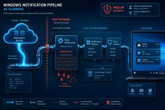 Diagram shows a Windows notification pipeline with a trusted boundary and a memory-leak vulnerability.