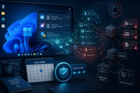 Futuristic cybersecurity desktop scene with OS/email notifications, network nodes, and encryption icons.
