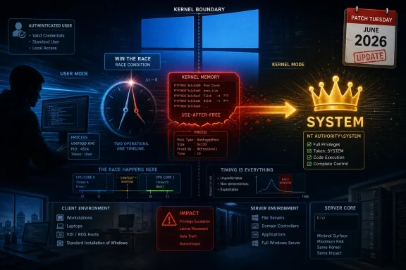 Cybersecurity graphic showing a “kernel boundary” attack diagram with patch Tuesday June 2026 and system impact alerts.