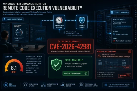 Cybersecurity infographic warning of Windows Performance Monitor remote code execution vulnerability (CVE-2026-42981).