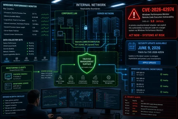Cybersecurity dashboard warning of critical CVE-2026-42974 Windows Performance Monitor exploit with patch prompt.