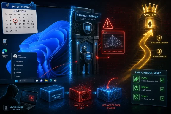 Cybersecurity-themed Windows screen showing a patch-and-reboot workflow guarding against malicious graphics input.