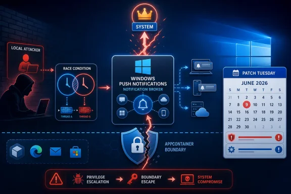 Cybersecurity diagram showing local attacker exploiting Windows notification system and privilege escalation toward patch Tuesday.