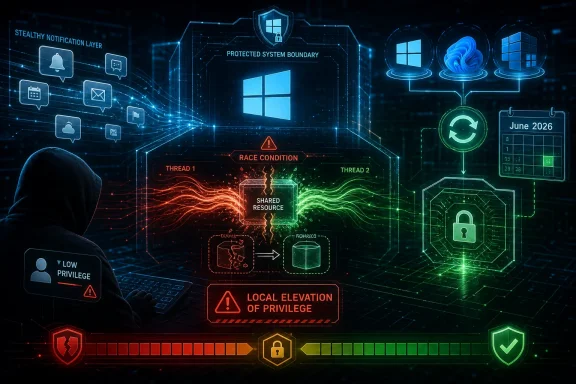 Cybersecurity graphic shows protected system, race condition alerts, and privilege elevation warning.