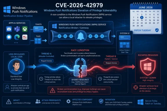 Infographic on CVE-2026-42979 detailing a race condition in Windows Push Notifications that enables privilege elevation.