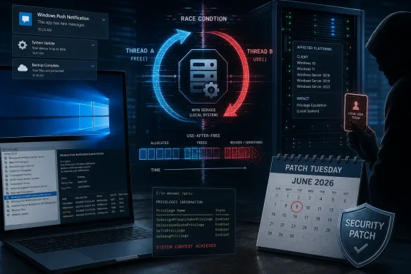 Cybersecurity-themed Windows exploit graphic with race-condition warning, Patch Tuesday calendar, and security shield.