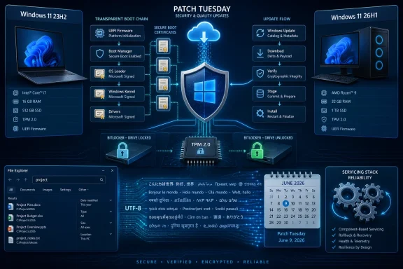 Patch Tuesday security update flow diagram showing Windows 11 build variants, TPM 2.0, BitLocker, and integrity verification. Patch Tuesday security update flow diagram showing Windows 11 build variants, TPM 2.0, BitLocker, and integrity verification.