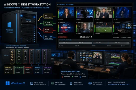 Windows 11 ingest workstation ad showing an 8-channel multiview recorder/editor interface.