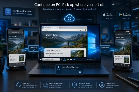 Advertisement-style image showing cloud sync and “Continue on PC” across a laptop and two smartphones.