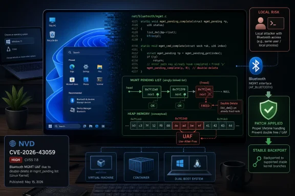 Cybersecurity infographic showing Bluetooth UAF exploit patch (CVE-2026-43059) on a laptop screen.