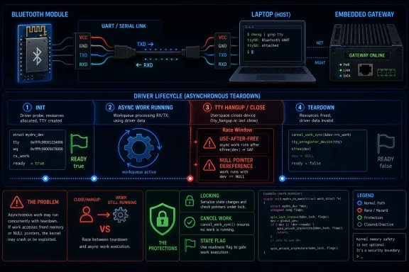 Diagram showing a Bluetooth module interface and a kernel driver lifecycle with async teardown race-condition protections.