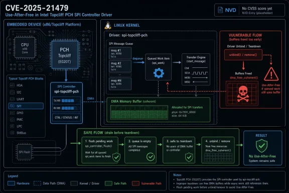 Diagram shows a Linux SPI Topcliff PCH driver vulnerability workflow with unsafe use-after-free during teardown.