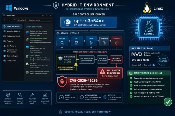Diagram showing hybrid Windows/Linux SPI controller driver vulnerability (CVE-2026-46296) and mitigation steps.
