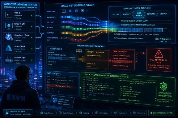 Neon tech dashboard showing a Linux networking stack and safe Gro fast-path memory merge pipeline.