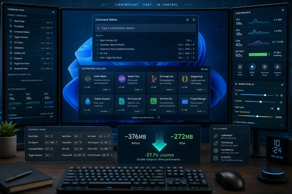 Laptop screen showing VS Code-style command palette, extensions, and performance stats on a blue theme.