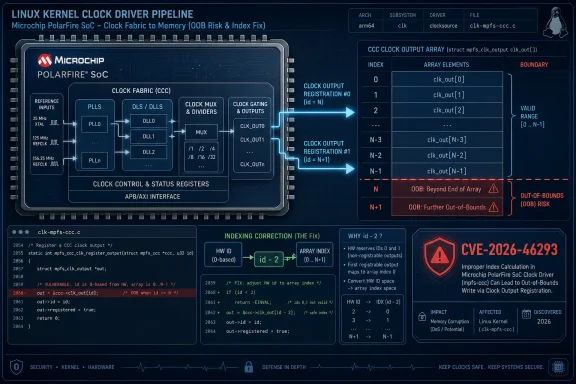 Diagram titled “Linux Kernel Clock Driver Pipeline” for Microchip PolarFire SoC, showing CCC clock output indexing fix.