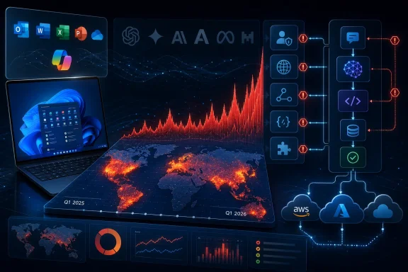 Digital dashboard with global map, analytics waveforms, and cloud AI data pipeline icons beside a laptop.