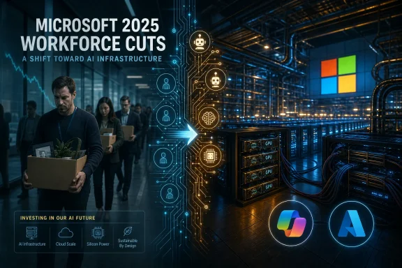Microsoft 2025 “workforce cuts” themed image with workers, servers, and AI circuit icons.