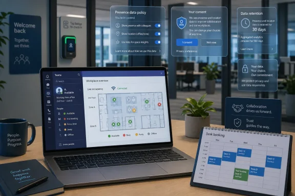 Office desk with a laptop showing workplace occupancy and consent/privacy data overlays.