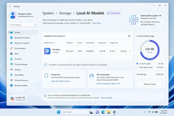 Windows Settings screen showing System > Storage > Local AI Models with a Phi Silica model and 2.61 GB usage.