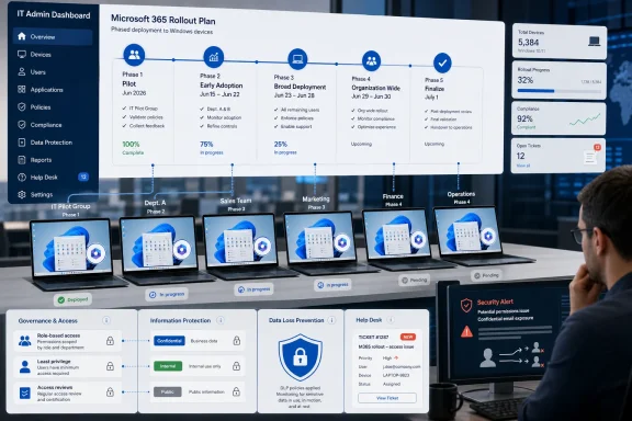 IT admin dashboard shows a Microsoft 365 phased rollout plan with device counts, progress, and security alert. IT admin dashboard shows a Microsoft 365 phased rollout plan with device counts, progress, and security alert.