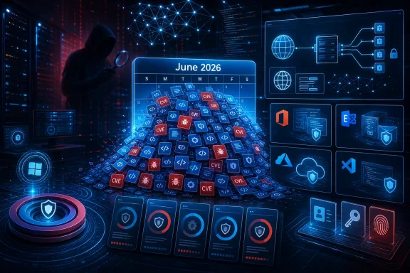 Cybersecurity-themed June 2026 calendar with floating code/CVE blocks, network nodes, and shield icons in a data center.
