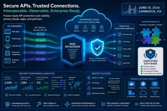Secure API gateway diagram showing trusted, interoperable enterprise connections with analytics and identity protection.