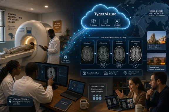 Doctors use an AI-powered MRI system with a cloud data-security infographic labeled “Tyger/Azure” and “Cross-border collaboration.”