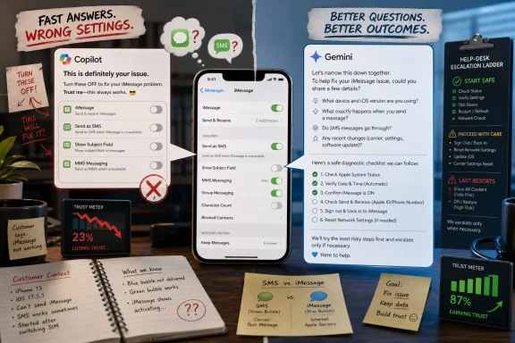 Split-screen infographic showing iMessage/SMS troubleshooting advice labeled “Fast Answers” vs “Better Questions.”