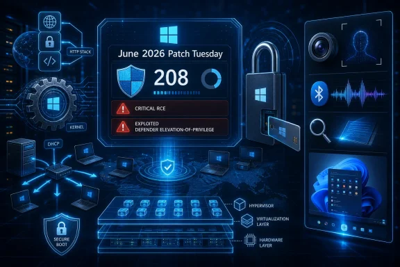 Cybersecurity-themed graphic showing Windows patch day “June 2026 Patch Tuesday,” with critical RCE alerts. Cybersecurity-themed graphic showing Windows patch day “June 2026 Patch Tuesday,” with critical RCE alerts.