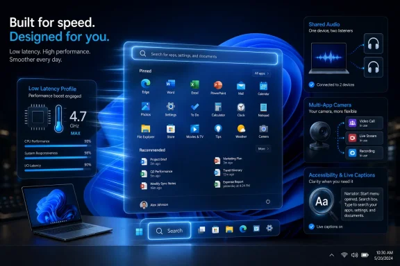 Promotional graphic showing Windows 11 search and features with low-latency, shared audio, and live captions. Promotional graphic showing Windows 11 search and features with low-latency, shared audio, and live captions.