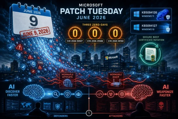 Microsoft “Patch Tuesday” June 2026 cybersecurity poster highlighting zero-days and KB advisories. Microsoft “Patch Tuesday” June 2026 cybersecurity poster highlighting zero-days and KB advisories.