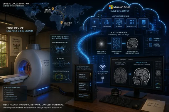 MRI scanning setup in Uganda with edge computing network and Microsoft Azure cloud pipeline for AI reconstruction.