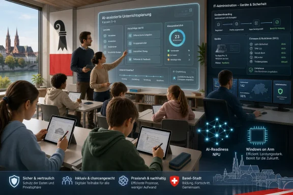 Students in a modern classroom use tablets while a teacher presents AI-assisted lesson planning on a large screen.