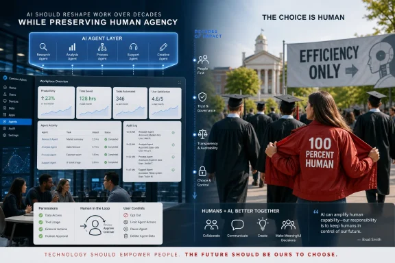 A split-screen shows AI agent dashboards and a graduation crowd with a banner reading “100 PERCENT HUMAN.”