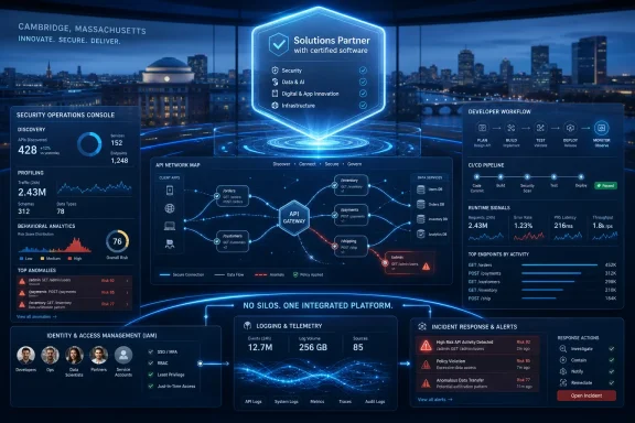 Futuristic cybersecurity dashboard with API network map, security status, and developer workflow panels over a city skyline.