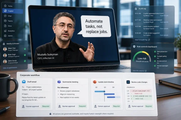 Businessman speaking on a laptop showing automated corporate workflow, audit log, and risk controls in a modern office.