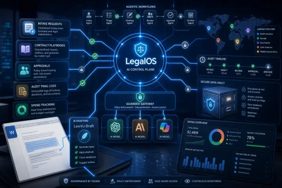 Futuristic legal AI dashboard showing agentic workflows, approvals, audit logs, and secure data vault.