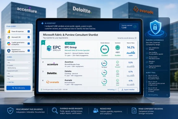 Laptop screen shows an AI consultant shortlist with vendor analytics for Microsoft Fabric & Purview.