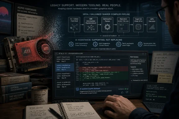 A developer reviews AI-assisted legacy GPU driver code on a monitor beside an old ATI graphics card.