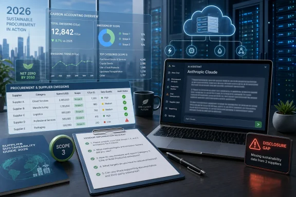 Sustainability dashboard on a laptop shows 2026 carbon accounting, scope emissions, and disclosure gaps.