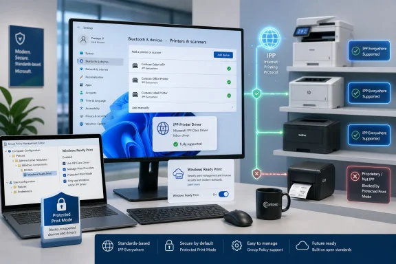 Tech office scene showing Windows printing settings and secure IPP Everywhere supported printers with policy tools. Tech office scene showing Windows printing settings and secure IPP Everywhere supported printers with policy tools.