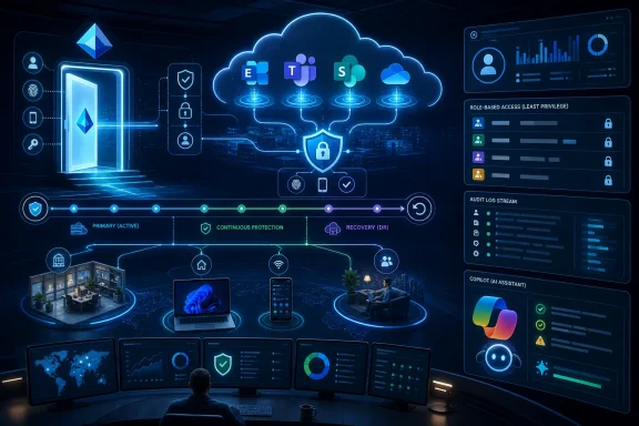 Futuristic cybersecurity dashboard with cloud, role-based access, audit logs, and protected networks.